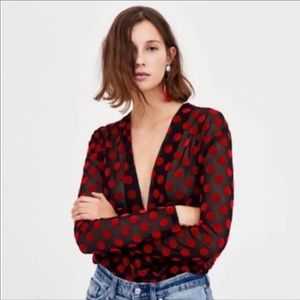 TRADE FOR SIERRA99501 Zara black sheer faux wrap top with red velvet polka dots